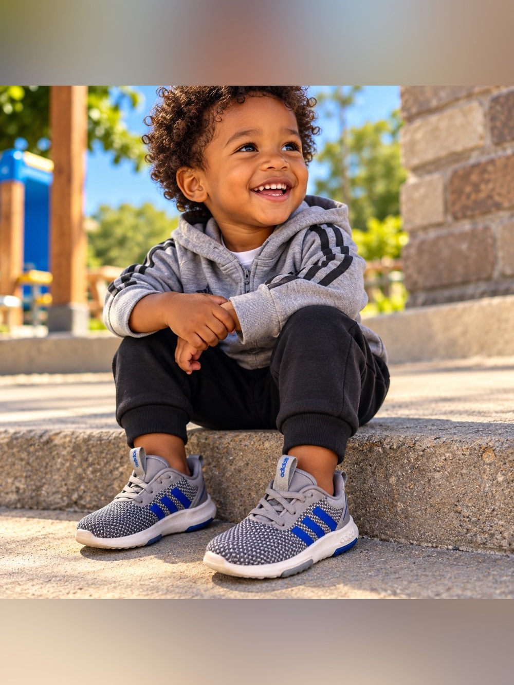 Adidas Toddler 6K Gray Blue Knit 3-Stripes Athletic Sneakers Shoes